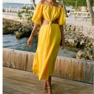 NWT Farm Rio Sz Medium Midi Dress Yellow Off The Shoulder Knotted Cut Out Linen